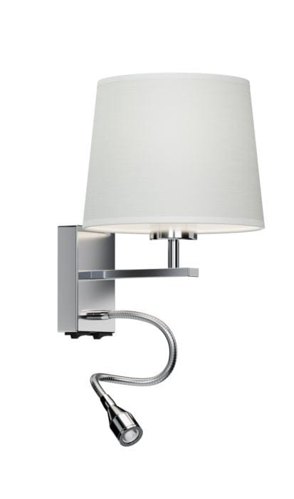 Havana kinkiet, który ma korpus wykonanay z metalu z ledem umieszczonym na giętym wężyku, powyżej jest abażur w którym znajduje się oprawka na żarówkę E27