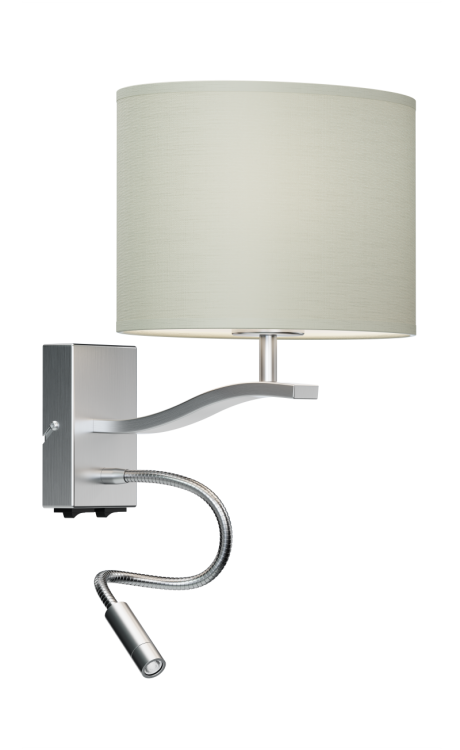 BRANDY Kinkiet wykonany z metalu z dodatkowym źródłem światła led na wężyku oraz tkaninowym abażurem w kształcie walca