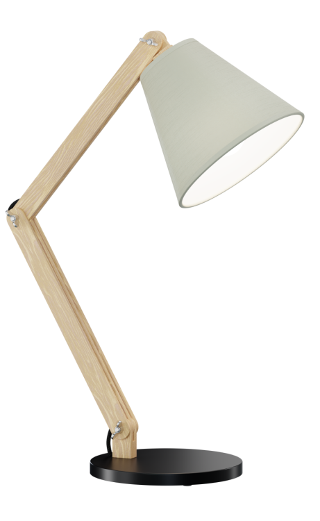 OLA drewniana lampa gabinetowa z metalową podstawą i tkaninowym gładkim abażurem. Regulowane ramię