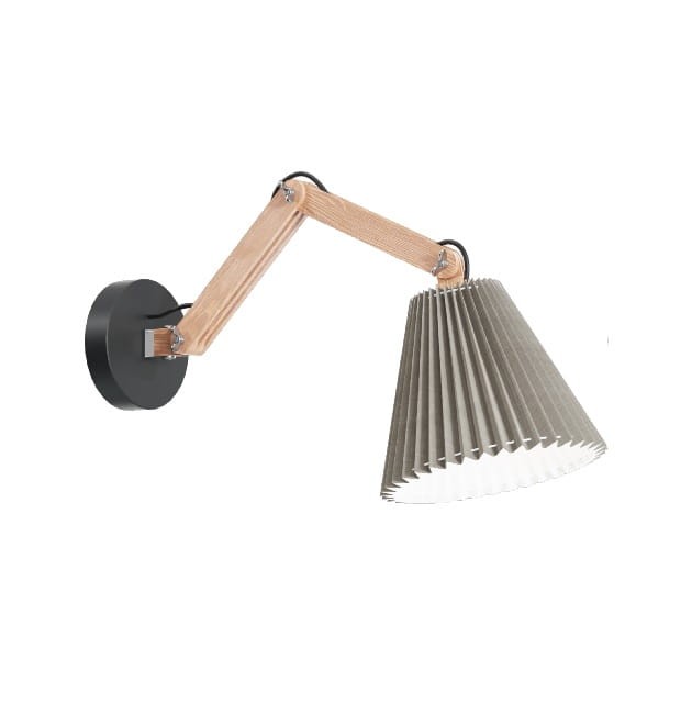OLA drewniany kinkiet z metalową puszką do montażu oraz tkaninowym plisowanym abażurem. Regulowane ramię