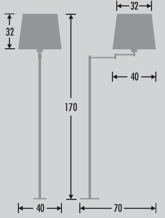 Rumba wymiary: abażur 40 cm, wysokosć  170 cm i głębokość maksymalna 70 cm