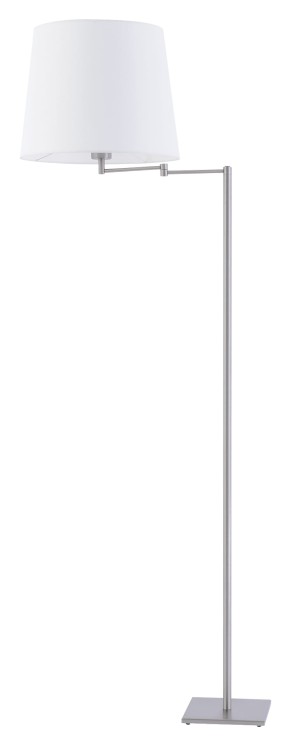 Rumba lampa podłogowa wykonana z metalu i regulowanym ramieniem z abażurem o cylindrycznym kształcie.