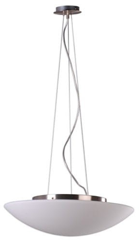 TWIST lampa sufitowa, podsufitka metalowa i okrągły spłaszczony szklany klosz. Całość łączą wiszące stalowe linki.
