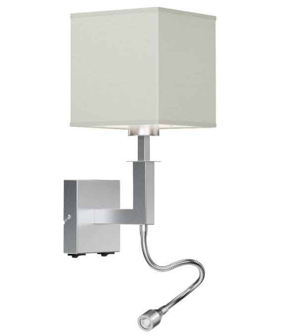 Ves metalowy kinkiet z abażyrem w kształcie kwadratu. Posiada dwa źródła światła: jedno wymienne na E27, a drugie to zintegrowany LED na regulowanym wężyku.