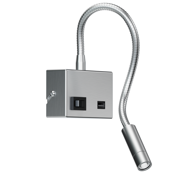 KANDEL kinkiet z prostokątną puszką umieszczoną horyzontalnie i regulowanym wężykiem zakończonym LEDem.