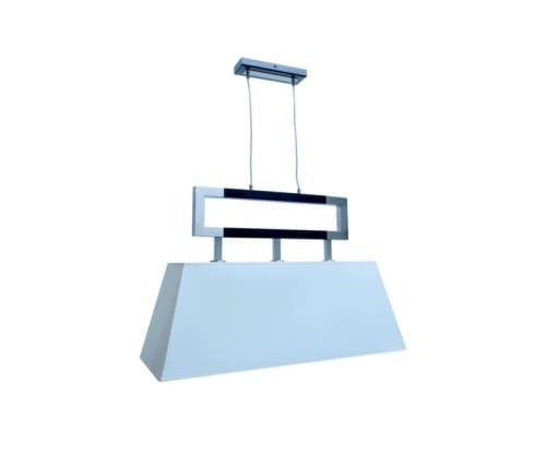 Emma lampa sufitowa trzy płomienna, wykonana z drewna i metalu z tekstylnym abażurem w kształcie trapezu