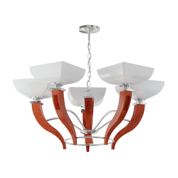 FUJI pięcio płomienny żyrandol wykonany z litego drewna połączonego z metalowymi elementami. W komplecie solidne szklane klosze.