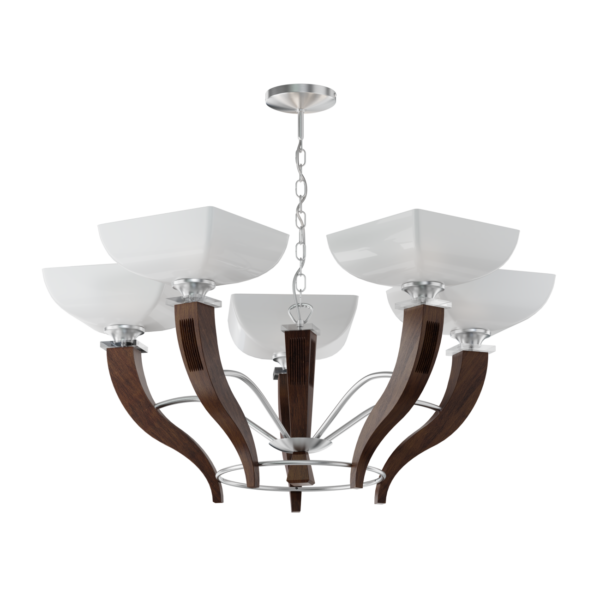 FUJI pięcio płomienny żyrandol wykonany z litego drewna połączonego z metalowymi elementami. W komplecie solidne szklane klosze.