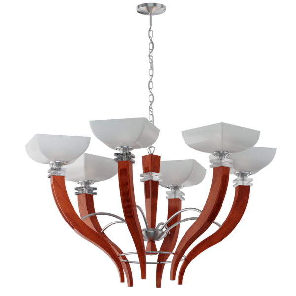 FUJI piękny sześcio płomienny masywny żyrandol, wykonany z litego drewna połączonego z elementami metalowymi. Połączony w podsufitką za pomocą łańcucha. Do kompletu porządne szklane klosze.