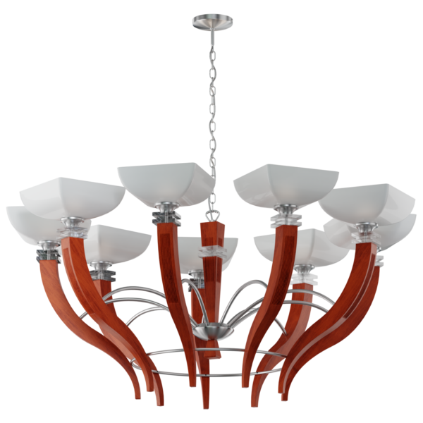 FUJI pięksny masywny i modernistyczny żyrandol dziewięcio płomienny, wykonany z połączenia drewna z metalem i szklanymi porządnymi kloszami.. Połączony z podsufirką łańcuchem.