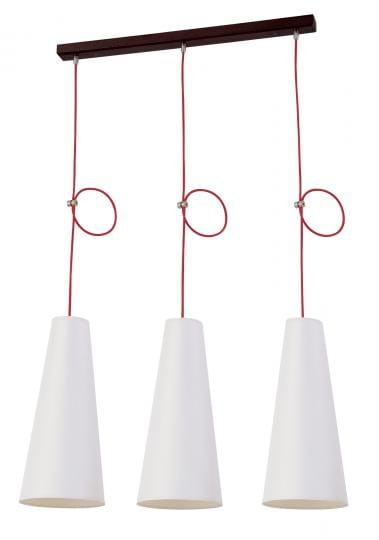 LUIZA lampa sufitowa trzypłomienna. Składa się z drewnianej podsyfitki oraz zwizających na pikach abażurach w których umieszczone są oprawki E27