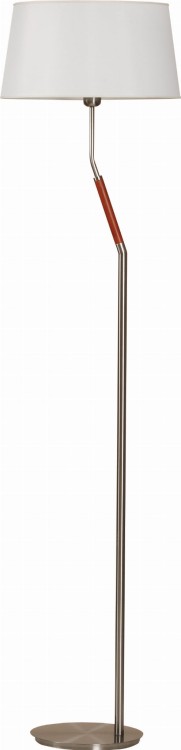 Vela lampa podłogowa wykonana z metalowego korpusu z drewnianymi elementami, wykończona tekstylnym abażurem