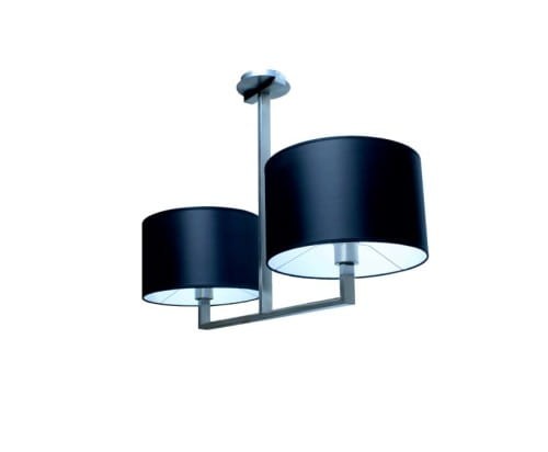 Nina żyrandol wykonanu z metalowych profili w kształcie literki U. W komplecie z dwoma abażurami tkaninowymi.