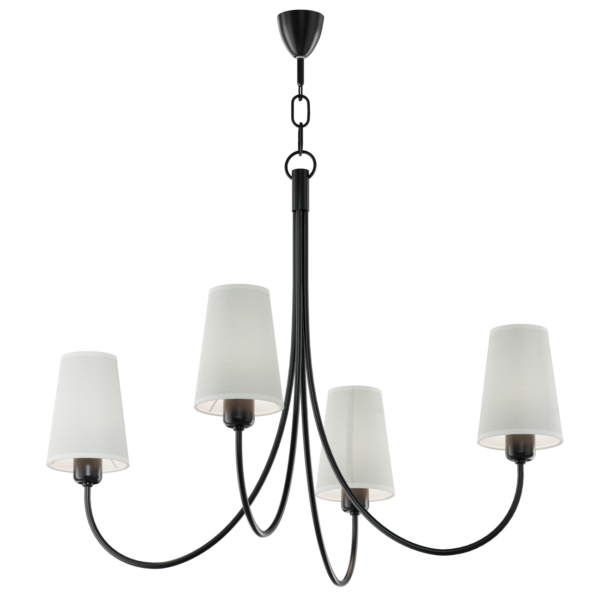 MODENA żyrandol cztero płomienny wykonany z metalowych rurek i podsufitki z tekstylnymi abażurami w ksztacie stożków. kolor abażurów ecru.