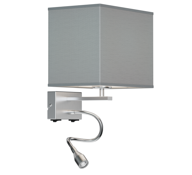 LUPUS kinkiet dwu płomienny na E27 i zintegrowanym ledem na regulowanym wężykiem. Korpus metalowy z tekstylnym abażurem.