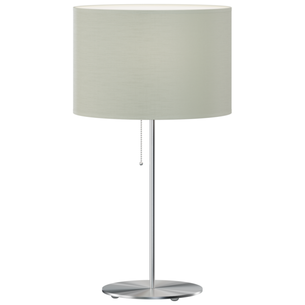 Preciosa lampa gabinetowa. Metalowa okrągła podstawa połączona z metalową rurką zakończona gniazdem E27 oraz abażurem w kształcie walca w kolorze ecru.