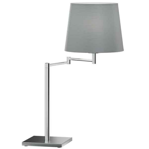 RUMBA lampa gabinetowa z regulowanym ramieniem i tkaninowym abażure. Solidny korpus wykonany z metalu. Abażur szary