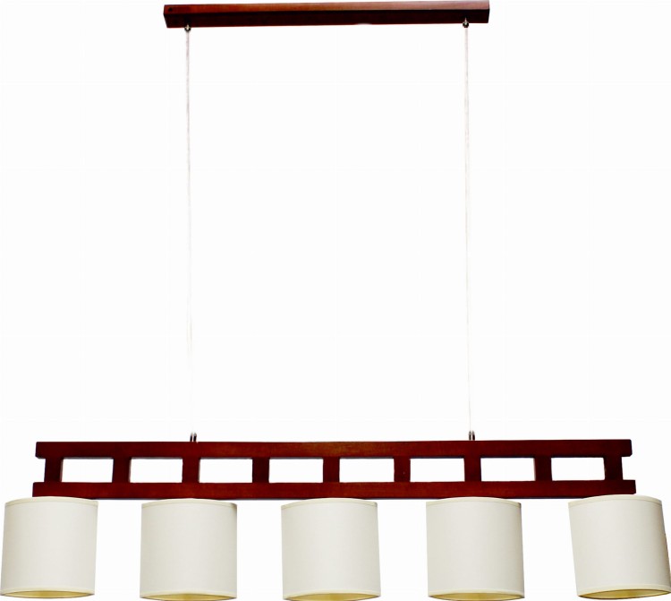 vigo lampa sufitowa pięcio płomienna. Korpus drewniany w kształcie drabinki i abażury tkaninowe w kształcie łódki