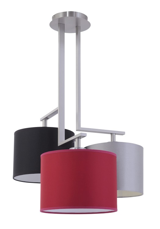 NINA żyrandol 3 płomienny. Korpus wykonany z metalu w komplecie z abażurami w kształcie walca. Abażury można dobrać w jednym kolorze luba każdy w innym kolorze.