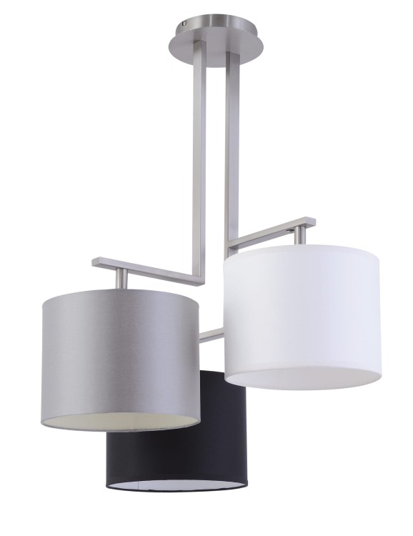 NINA żyrandol 3 płomienny. Korpus wykonany z metalu w komplecie z abażurami w kształcie walca. Abażury można dobrać w jednym kolorze luba każdy w innym kolorze.